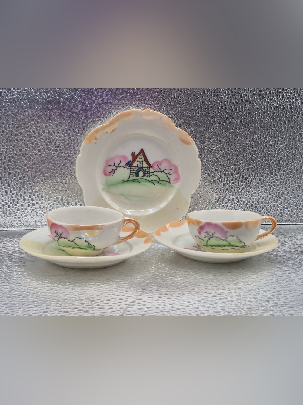 Vintage Japan Lusterware Tea Set 2 Demitasse Espresso Cups, Saucers & Side Plate